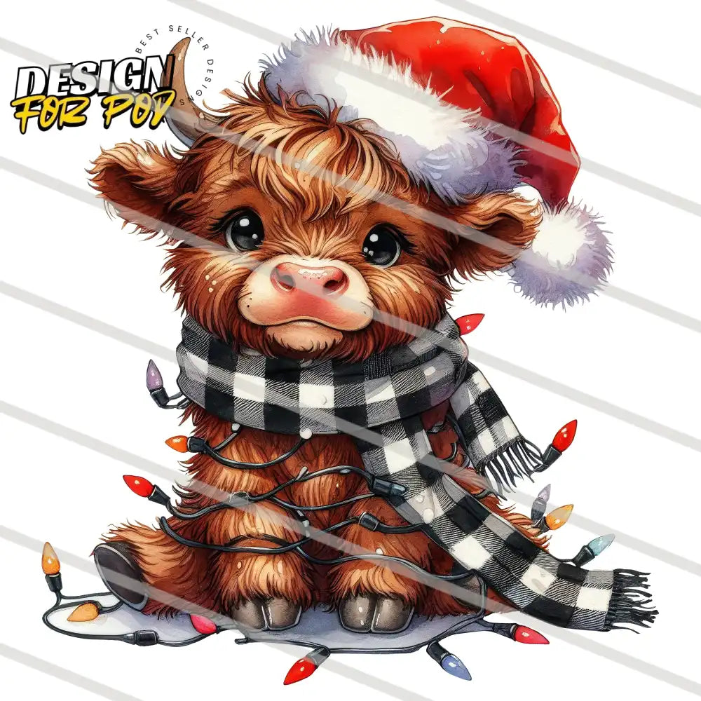 Christmas Lights Higland Cow PNG